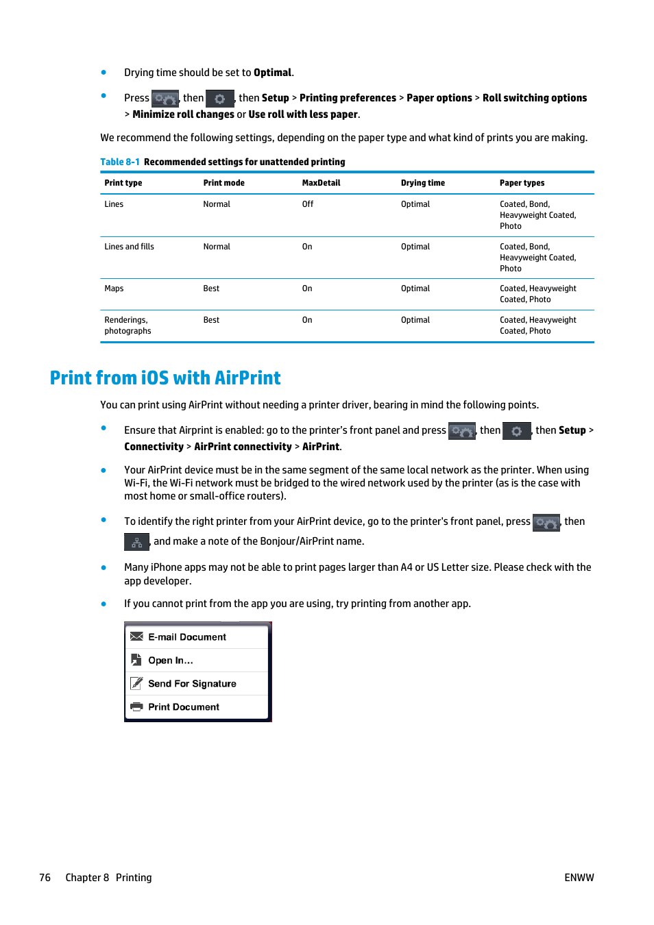 Print from ios with airprint | HP Designjet T920 ePrinter series User Manual | Page 84 / 210