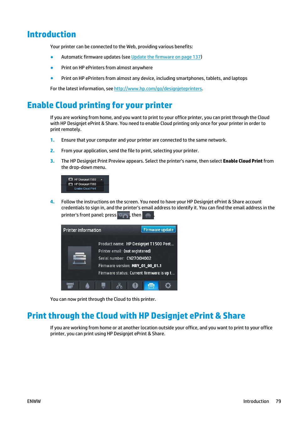 Introduction, Enable cloud printing for your printer | HP Designjet T920 ePrinter series User Manual | Page 87 / 210