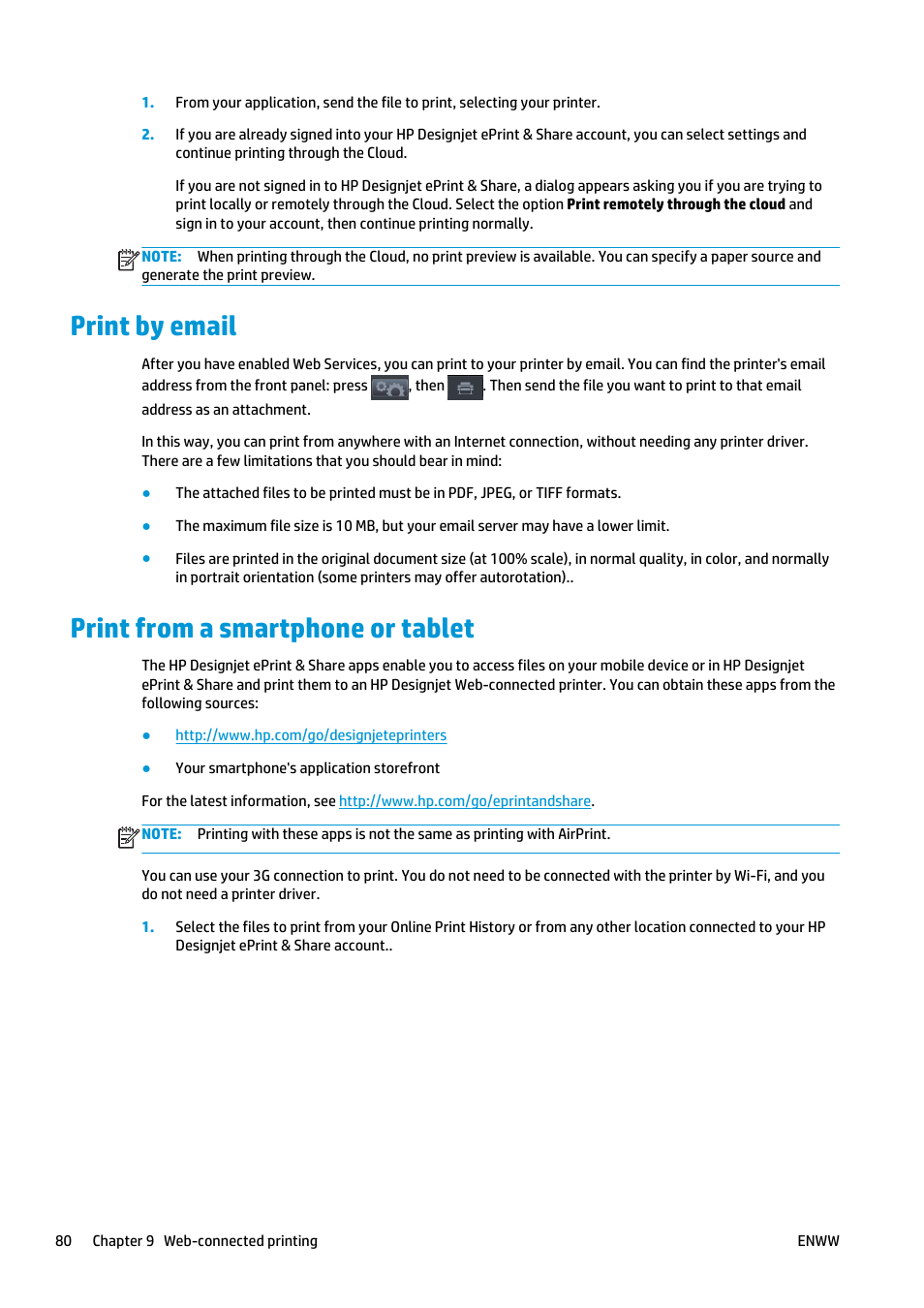 Print by email, Print from a smartphone or tablet, Print by email print from a smartphone or tablet | HP Designjet T920 ePrinter series User Manual | Page 88 / 210