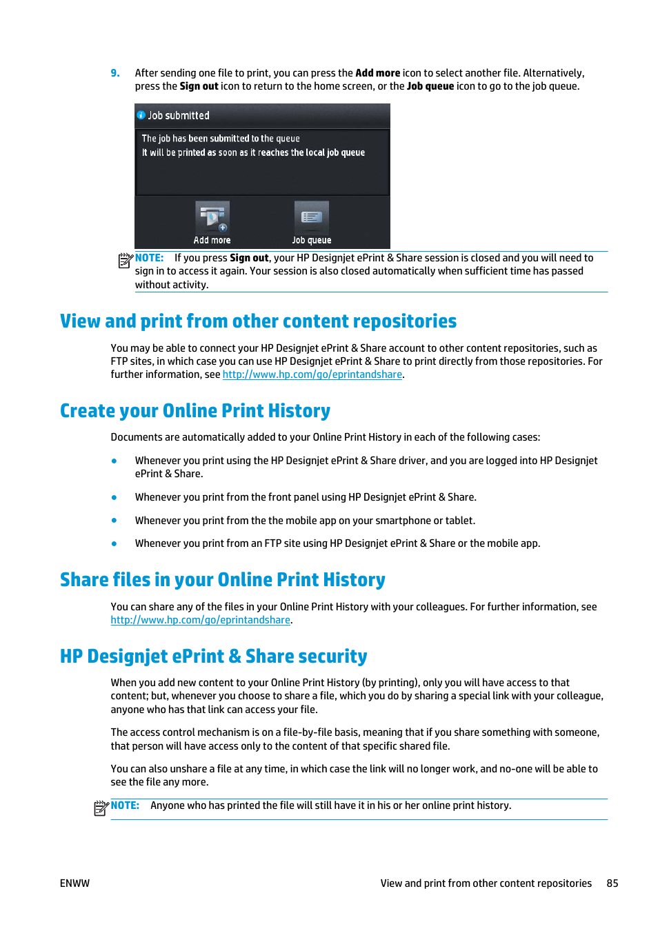View and print from other content repositories, Create your online print history, Share files in your online print history | Hp designjet eprint & share security | HP Designjet T920 ePrinter series User Manual | Page 93 / 210