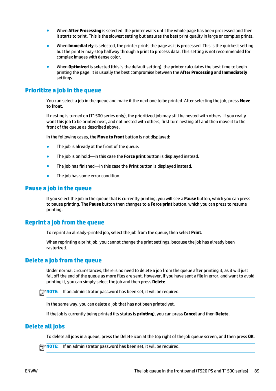 Prioritize a job in the queue, Pause a job in the queue, Reprint a job from the queue | Delete a job from the queue, Delete all jobs | HP Designjet T920 ePrinter series User Manual | Page 97 / 210