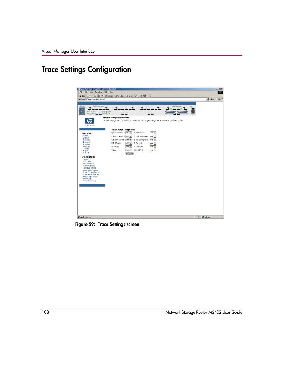 Trace settings configuration, Figure 59: trace settings screen | HP Network Storage Router m2402 User Manual | Page 102 / 244