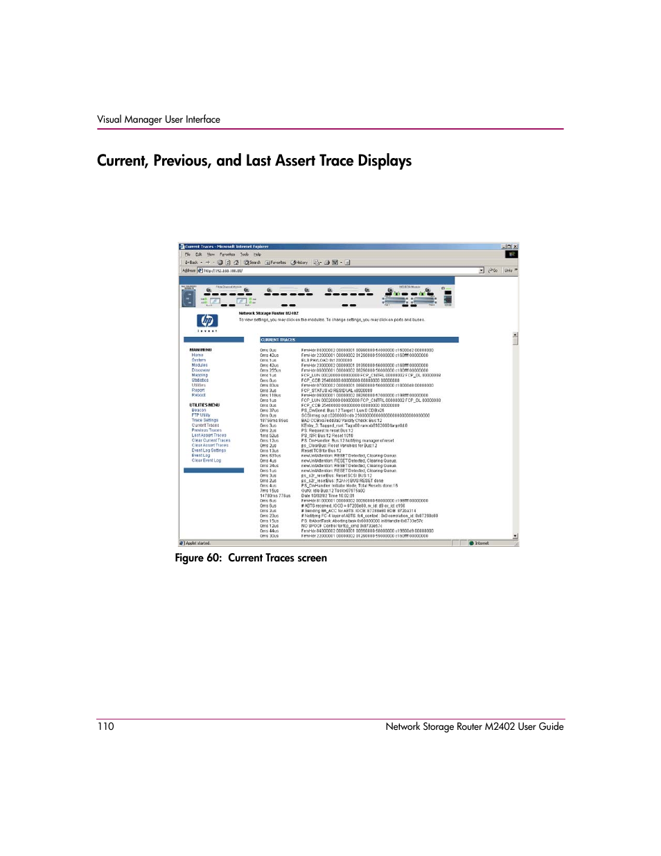 Current, previous, and last assert trace displays, Figure 60: current traces screen | HP Network Storage Router m2402 User Manual | Page 104 / 244