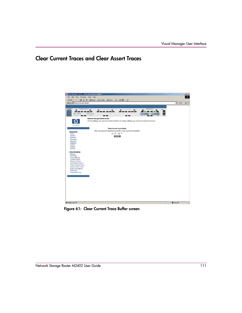Clear current traces and clear assert traces, Figure 61: clear current trace buffer screen | HP Network Storage Router m2402 User Manual | Page 105 / 244