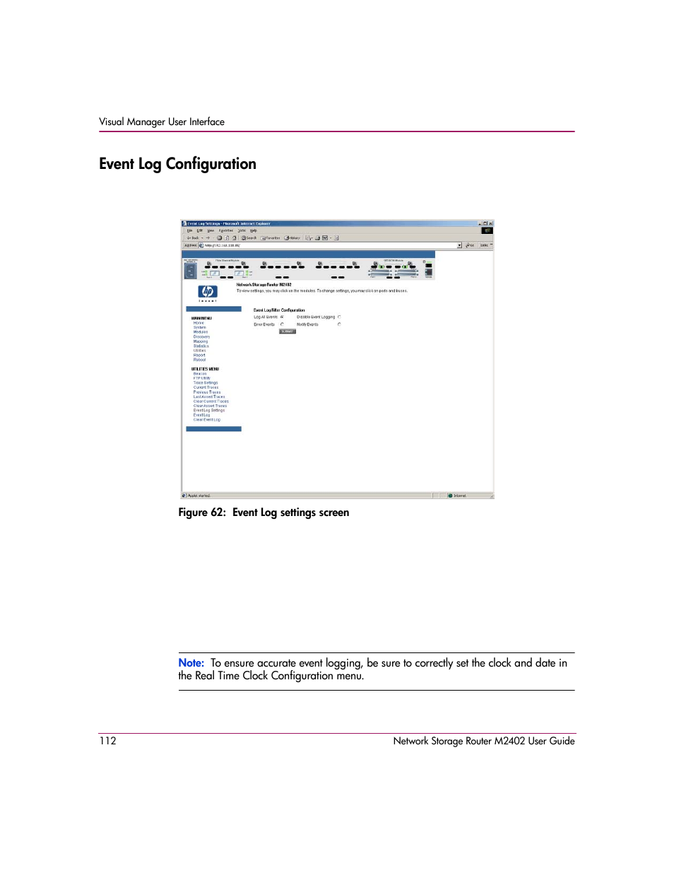 Event log configuration, Figure 62: event log settings screen | HP Network Storage Router m2402 User Manual | Page 106 / 244