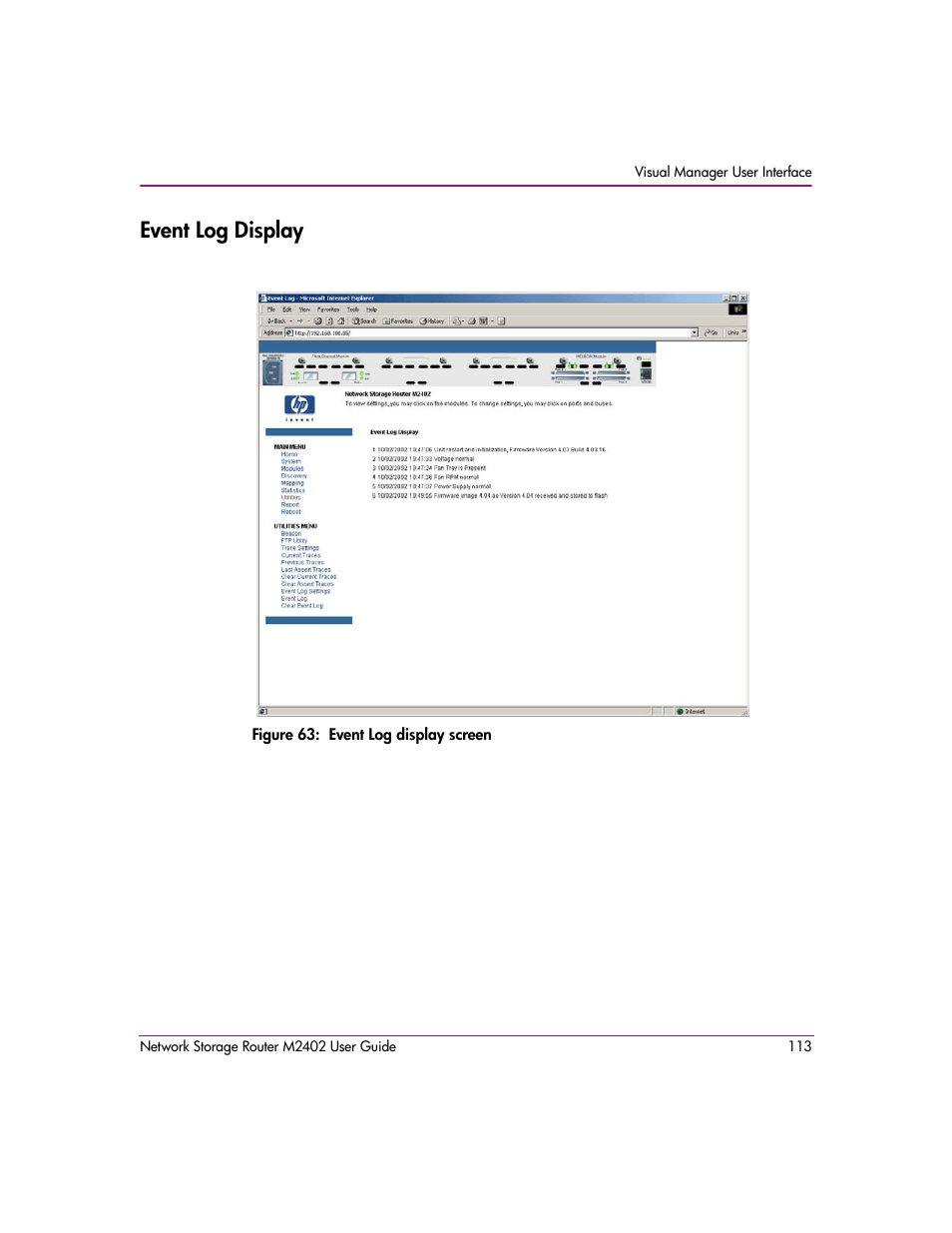 Event log display, Figure 63: event log display screen | HP Network Storage Router m2402 User Manual | Page 107 / 244