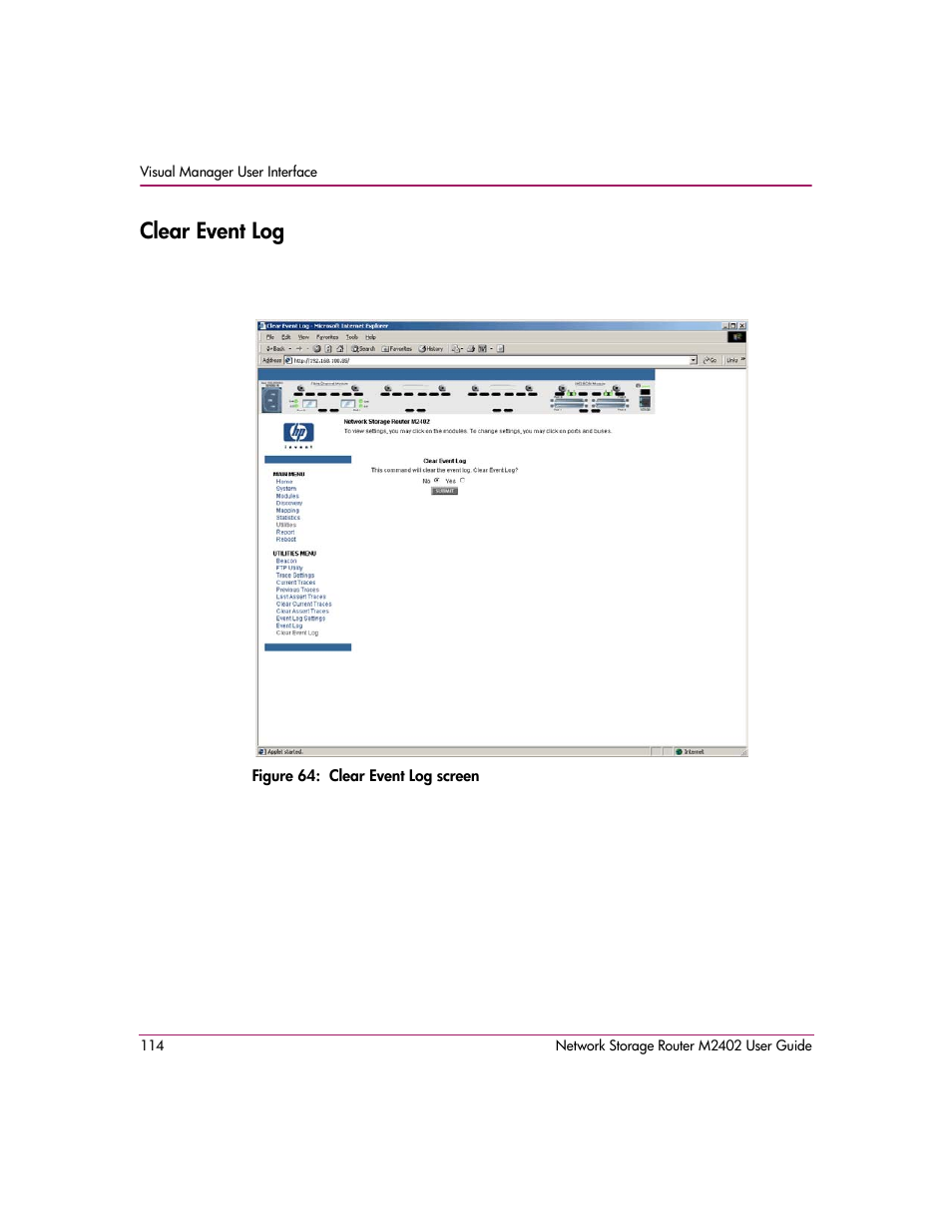 Clear event log, Figure 64: clear event log screen | HP Network Storage Router m2402 User Manual | Page 108 / 244