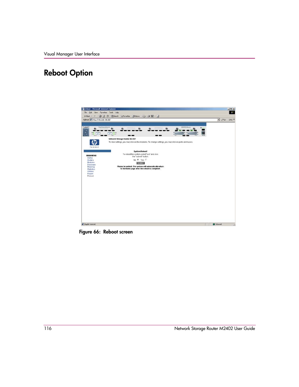 Reboot option, Figure 66: reboot screen | HP Network Storage Router m2402 User Manual | Page 110 / 244