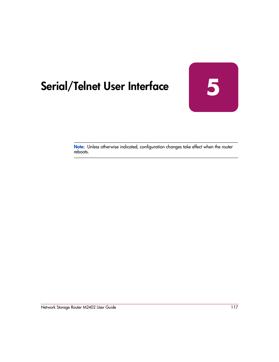 Serial/telnet user interface, 5 serial/telnet user interface, Chapter 5 | HP Network Storage Router m2402 User Manual | Page 111 / 244