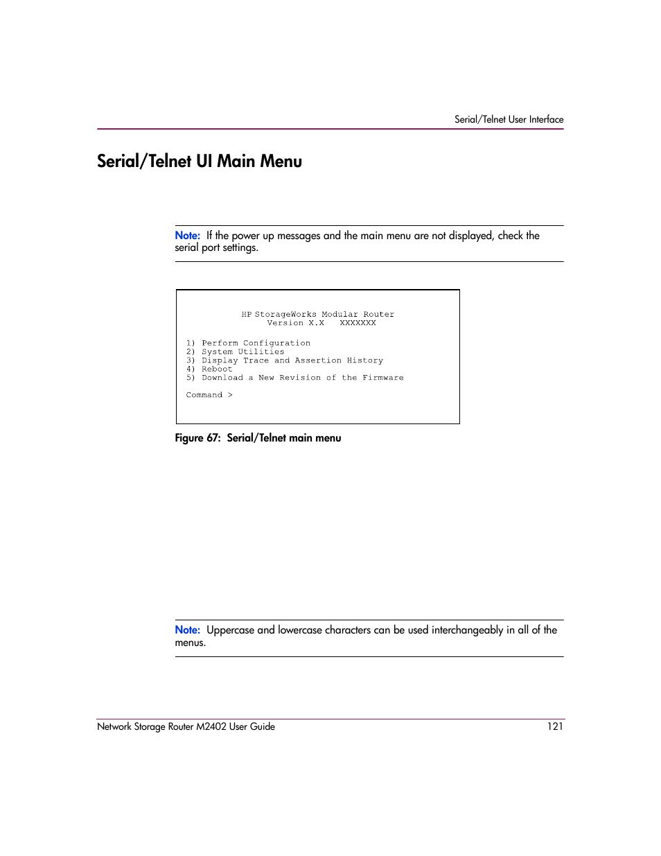Serial/telnet ui main menu, Figure 67: serial/telnet main menu | HP Network Storage Router m2402 User Manual | Page 115 / 244