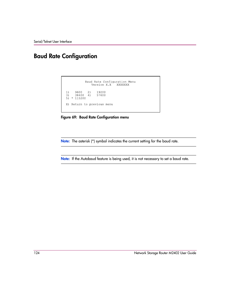 Baud rate configuration, Figure 69: baud rate configuration menu | HP Network Storage Router m2402 User Manual | Page 118 / 244