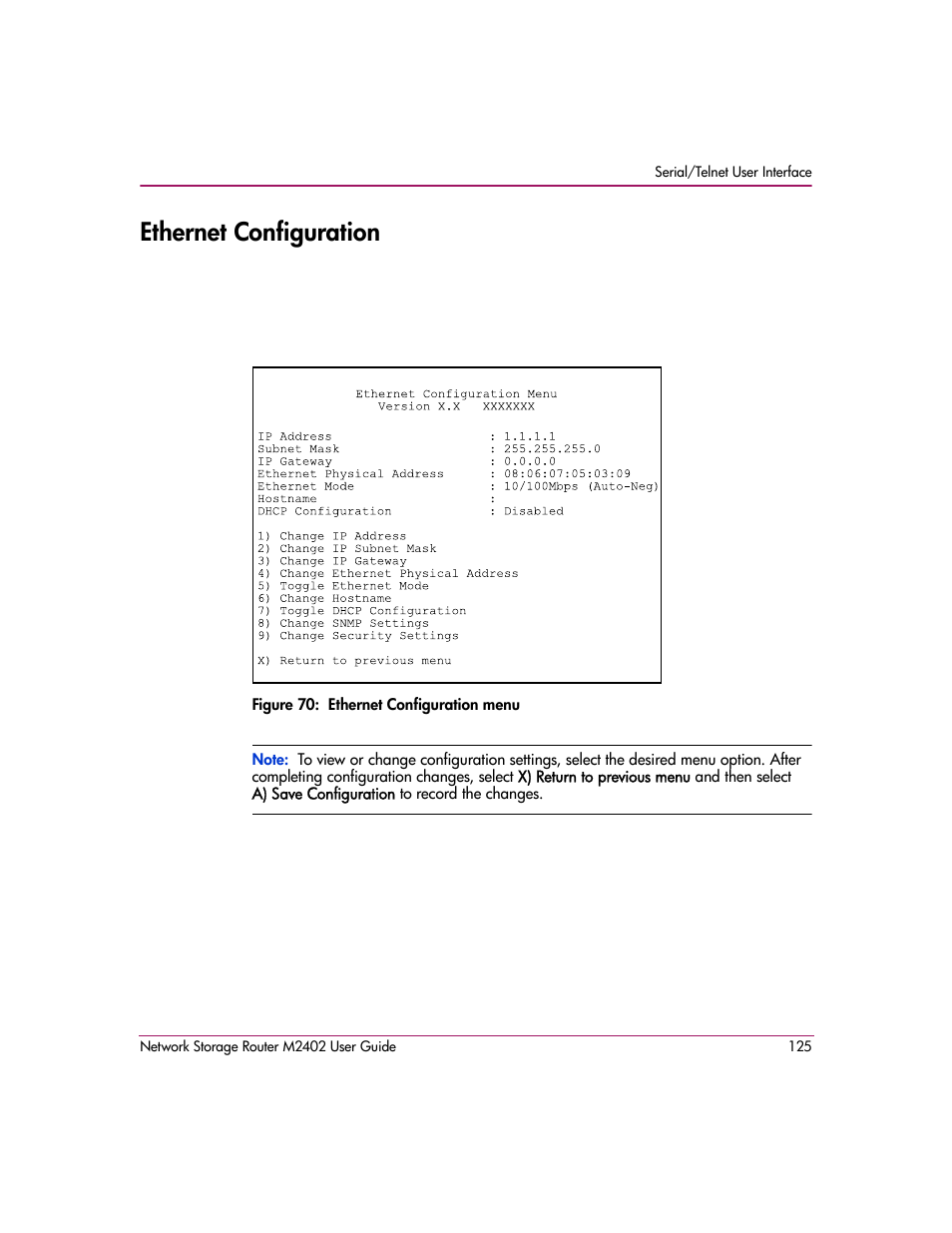 Ethernet configuration, Figure 70: ethernet configuration menu | HP Network Storage Router m2402 User Manual | Page 119 / 244