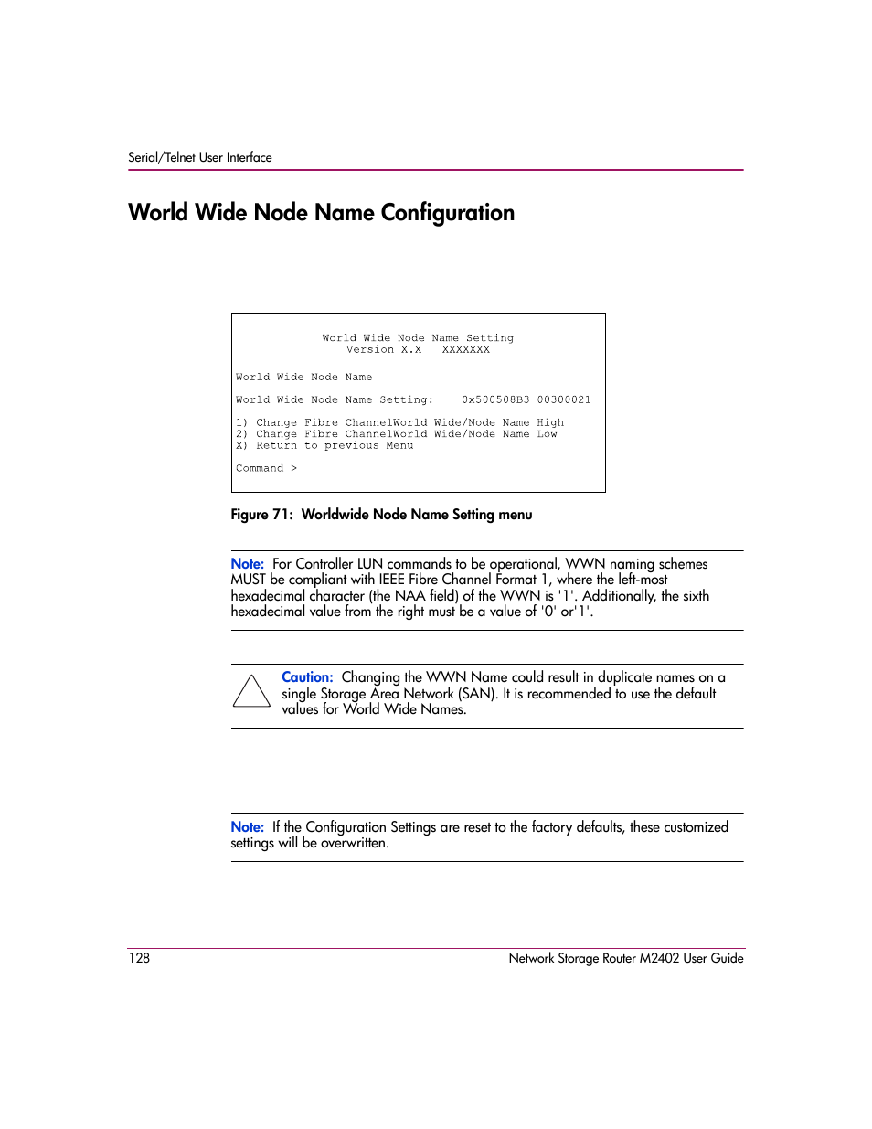 World wide node name configuration, Figure 71: worldwide node name setting menu | HP Network Storage Router m2402 User Manual | Page 122 / 244