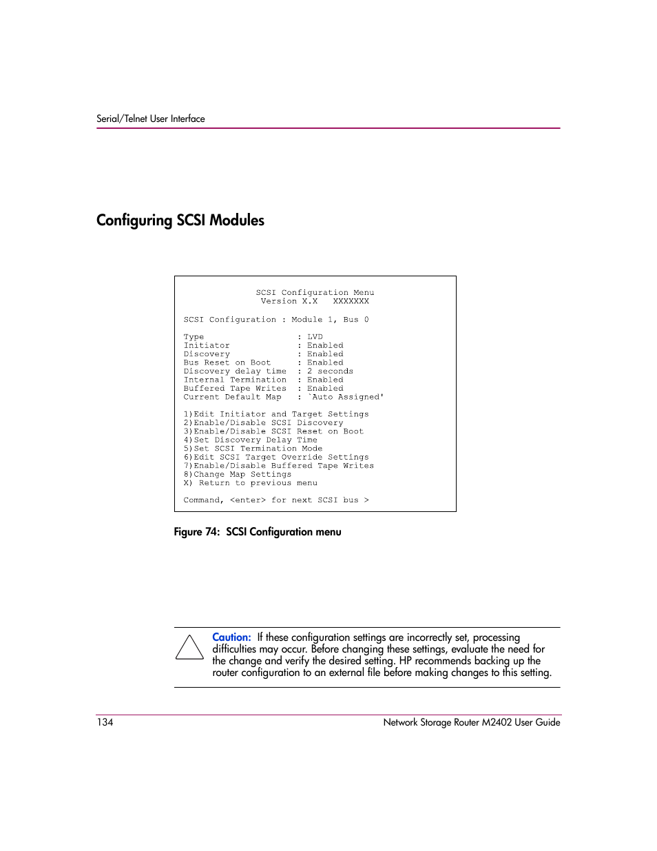 Configuring scsi modules, Figure 74: scsi configuration menu | HP Network Storage Router m2402 User Manual | Page 128 / 244