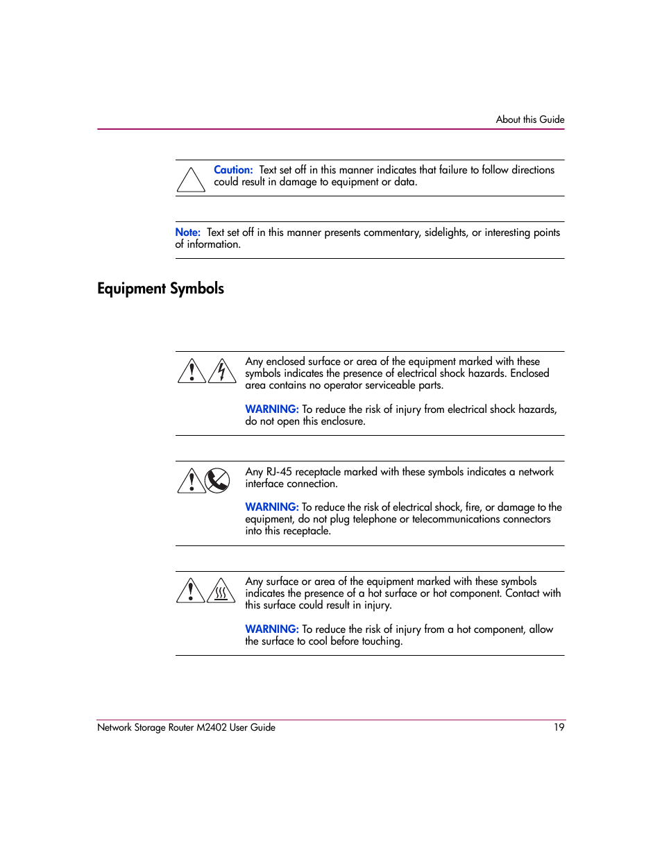Equipment symbols | HP Network Storage Router m2402 User Manual | Page 13 / 244