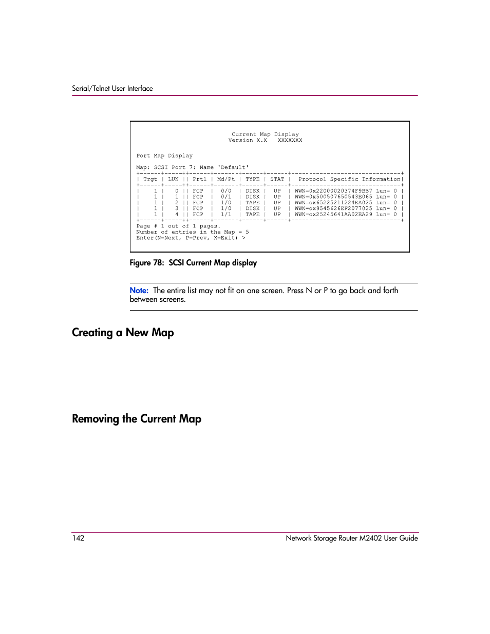 Figure 78: scsi current map display, Creating a new map, Removing the current map | Creating a new map removing the current map, Figure 78 | HP Network Storage Router m2402 User Manual | Page 136 / 244