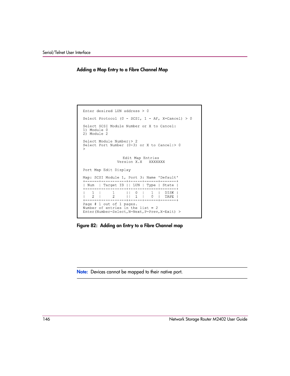 Figure 82: adding an entry to a fibre channel map | HP Network Storage Router m2402 User Manual | Page 140 / 244