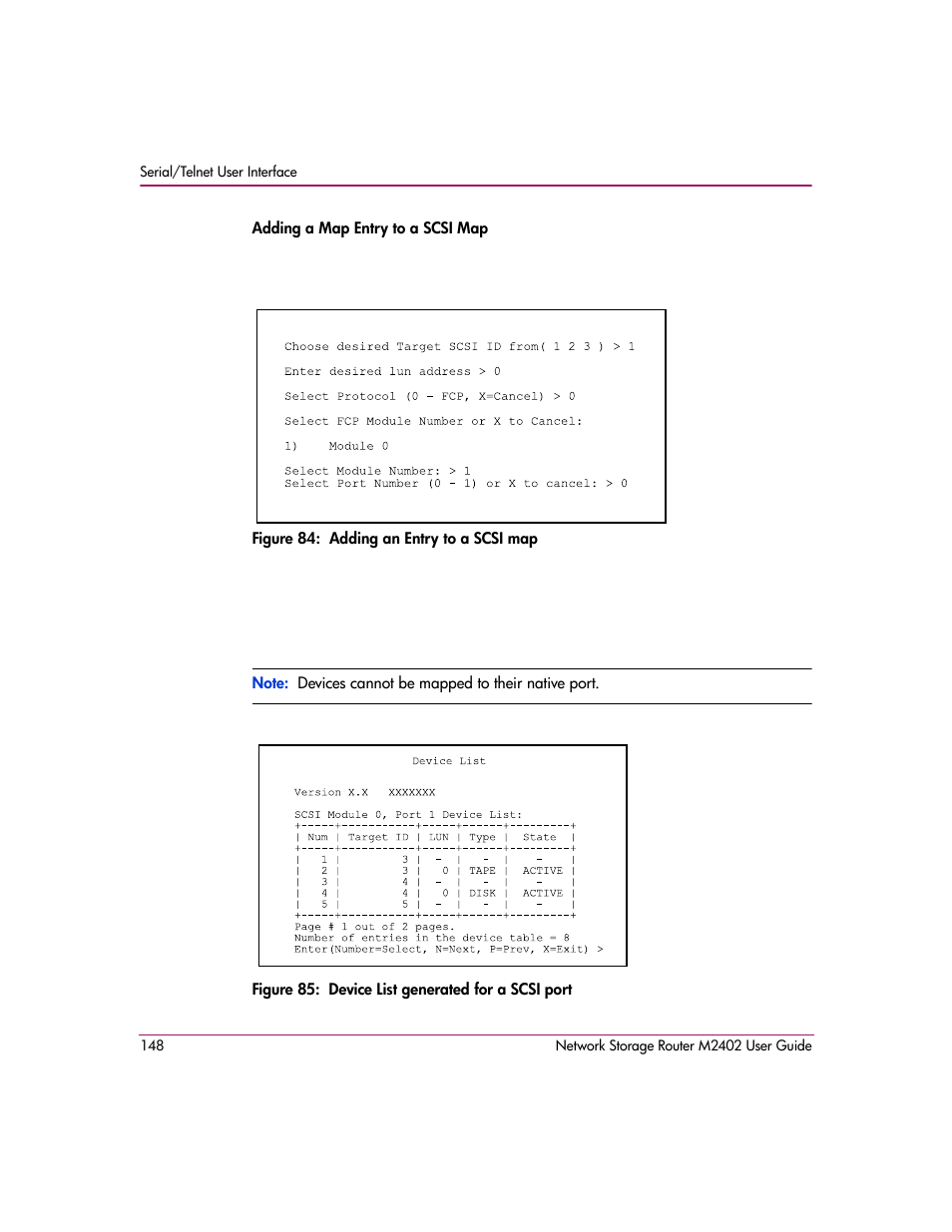 Figure 84: adding an entry to a scsi map, Figure 85: device list generated for a scsi port | HP Network Storage Router m2402 User Manual | Page 142 / 244