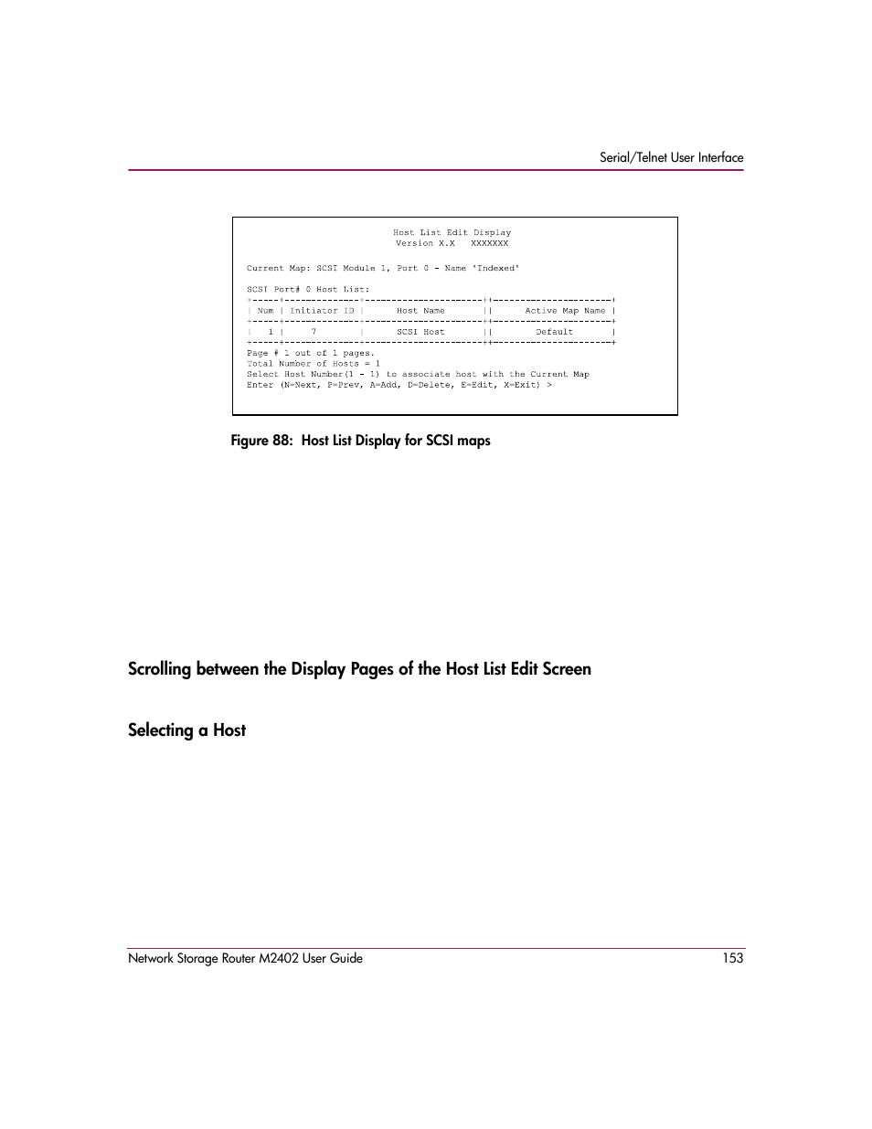 Figure 88: host list display for scsi maps, Selecting a host, Figure 88 | HP Network Storage Router m2402 User Manual | Page 147 / 244