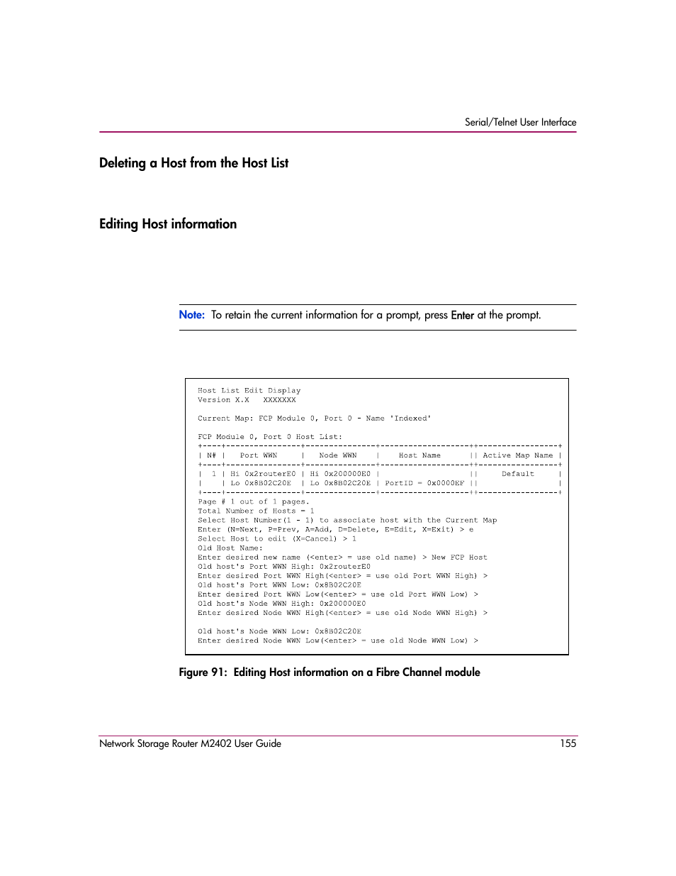 Deleting a host from the host list, Editing host information | HP Network Storage Router m2402 User Manual | Page 149 / 244