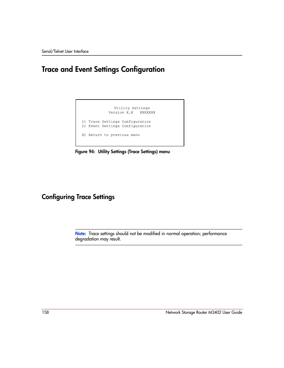 Trace and event settings configuration, Figure 94: utility settings (trace settings) menu, Configuring trace settings | HP Network Storage Router m2402 User Manual | Page 152 / 244