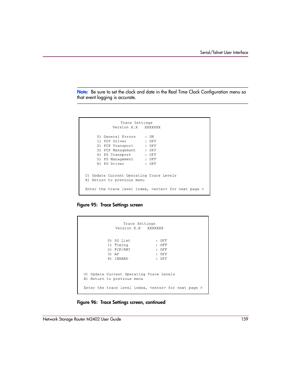 Figure 95: trace settings screen, Figure 96: trace settings screen, continued, Figure 95 | Figure 96 | HP Network Storage Router m2402 User Manual | Page 153 / 244