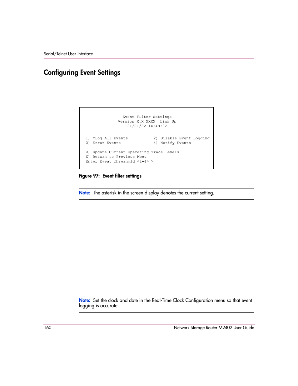 Configuring event settings, Figure 97: event filter settings | HP Network Storage Router m2402 User Manual | Page 154 / 244