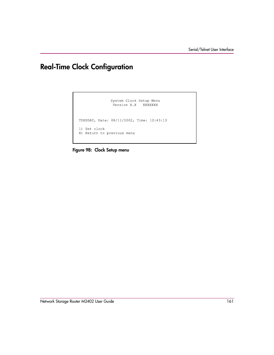 Real-time clock configuration, Figure 98: clock setup menu | HP Network Storage Router m2402 User Manual | Page 155 / 244