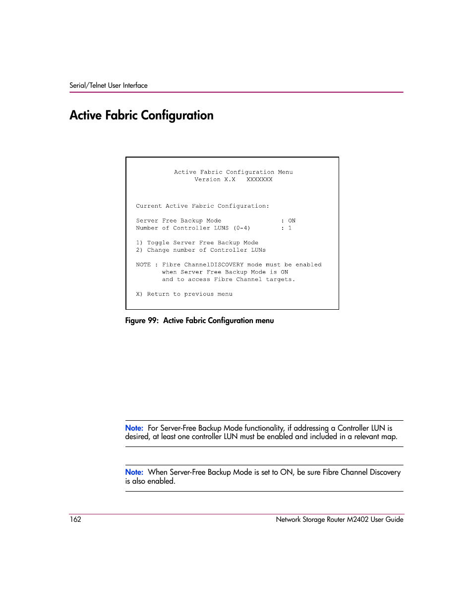 Active fabric configuration, Figure 99: active fabric configuration menu | HP Network Storage Router m2402 User Manual | Page 156 / 244