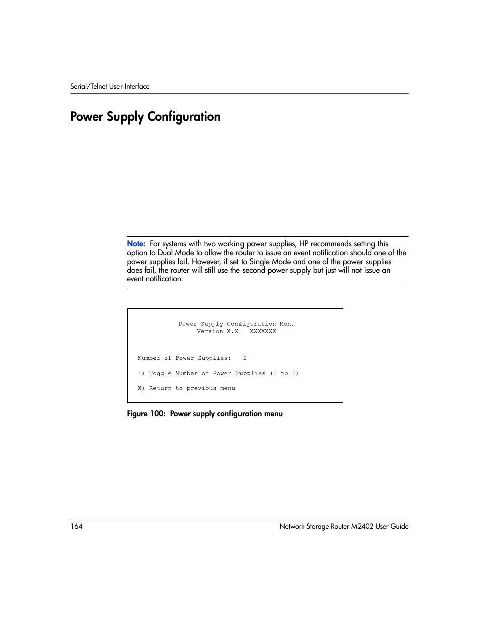 Power supply configuration, Figure 100: power supply configuration menu | HP Network Storage Router m2402 User Manual | Page 158 / 244