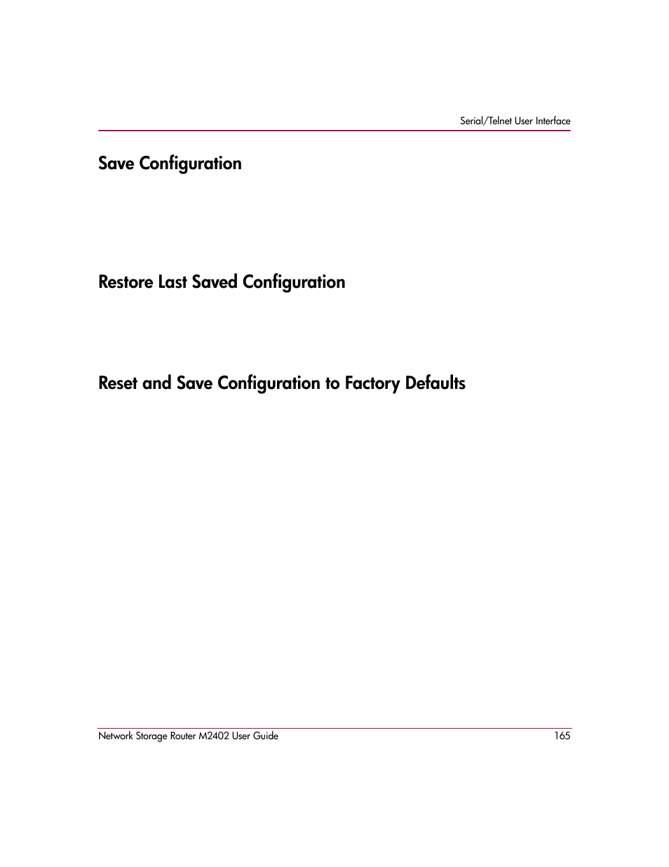 Save configuration, Restore last saved configuration, Reset and save configuration to factory defaults | HP Network Storage Router m2402 User Manual | Page 159 / 244