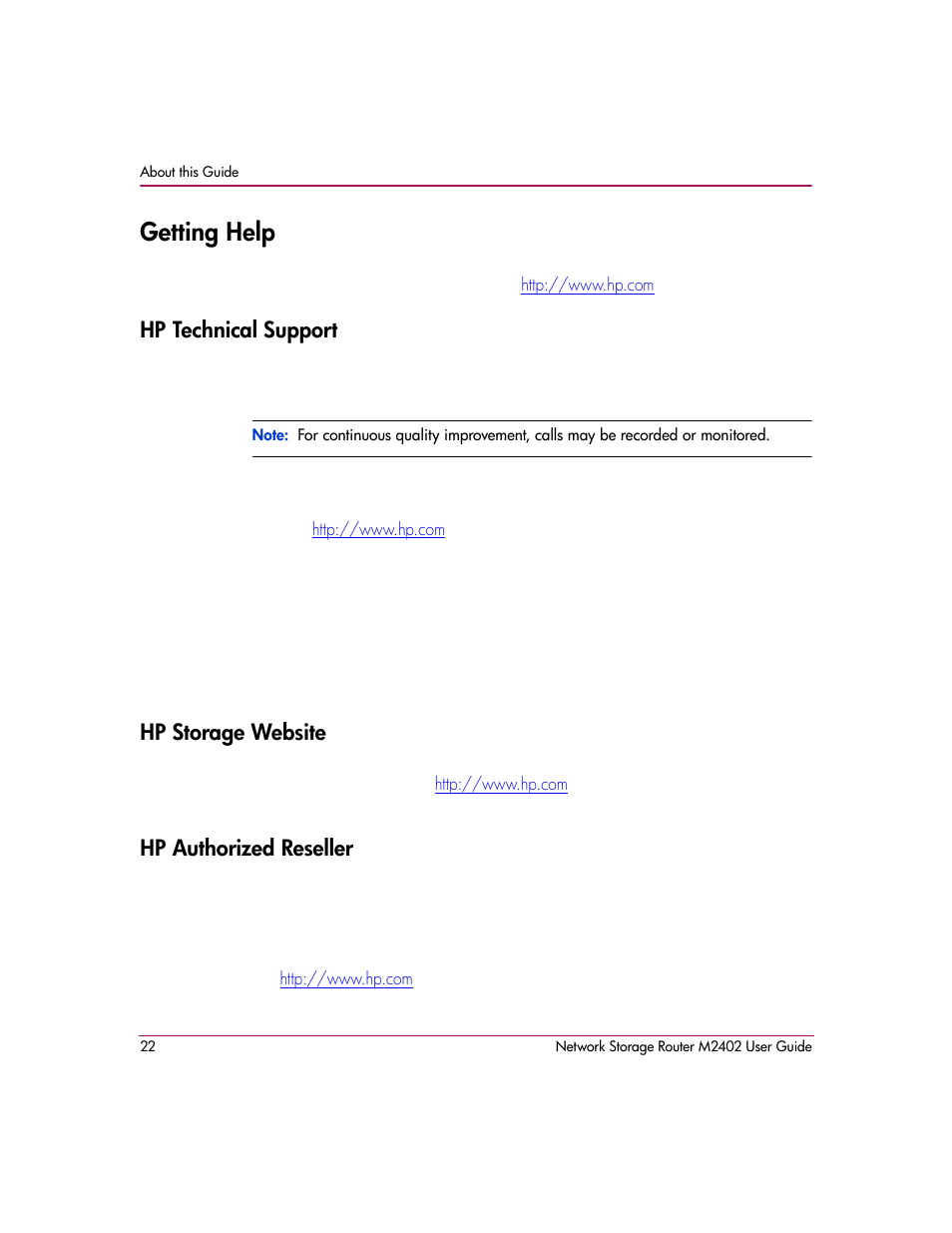 Getting help, Hp technical support, Hp storage website | Hp authorized reseller | HP Network Storage Router m2402 User Manual | Page 16 / 244