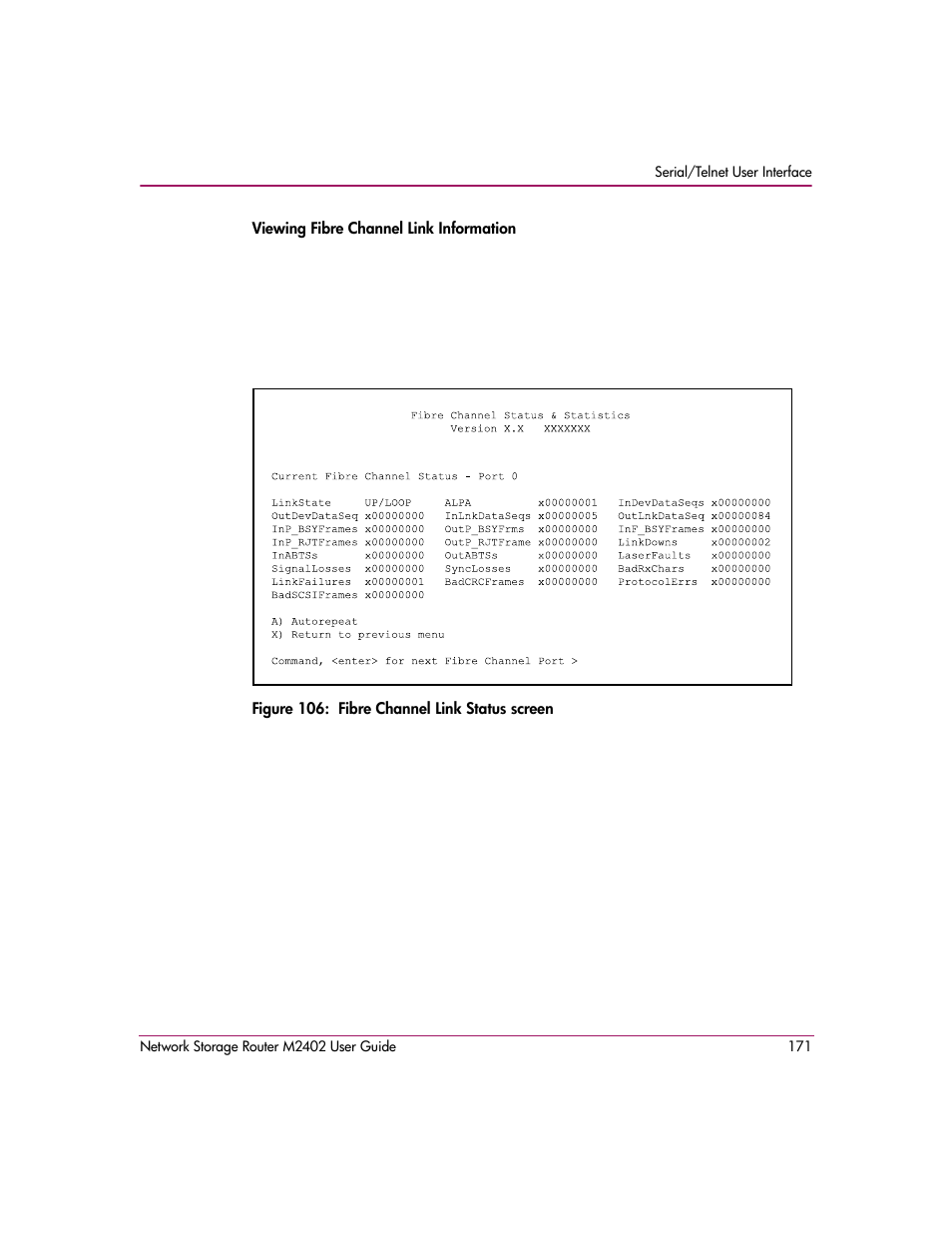 Figure 106: fibre channel link status screen | HP Network Storage Router m2402 User Manual | Page 165 / 244