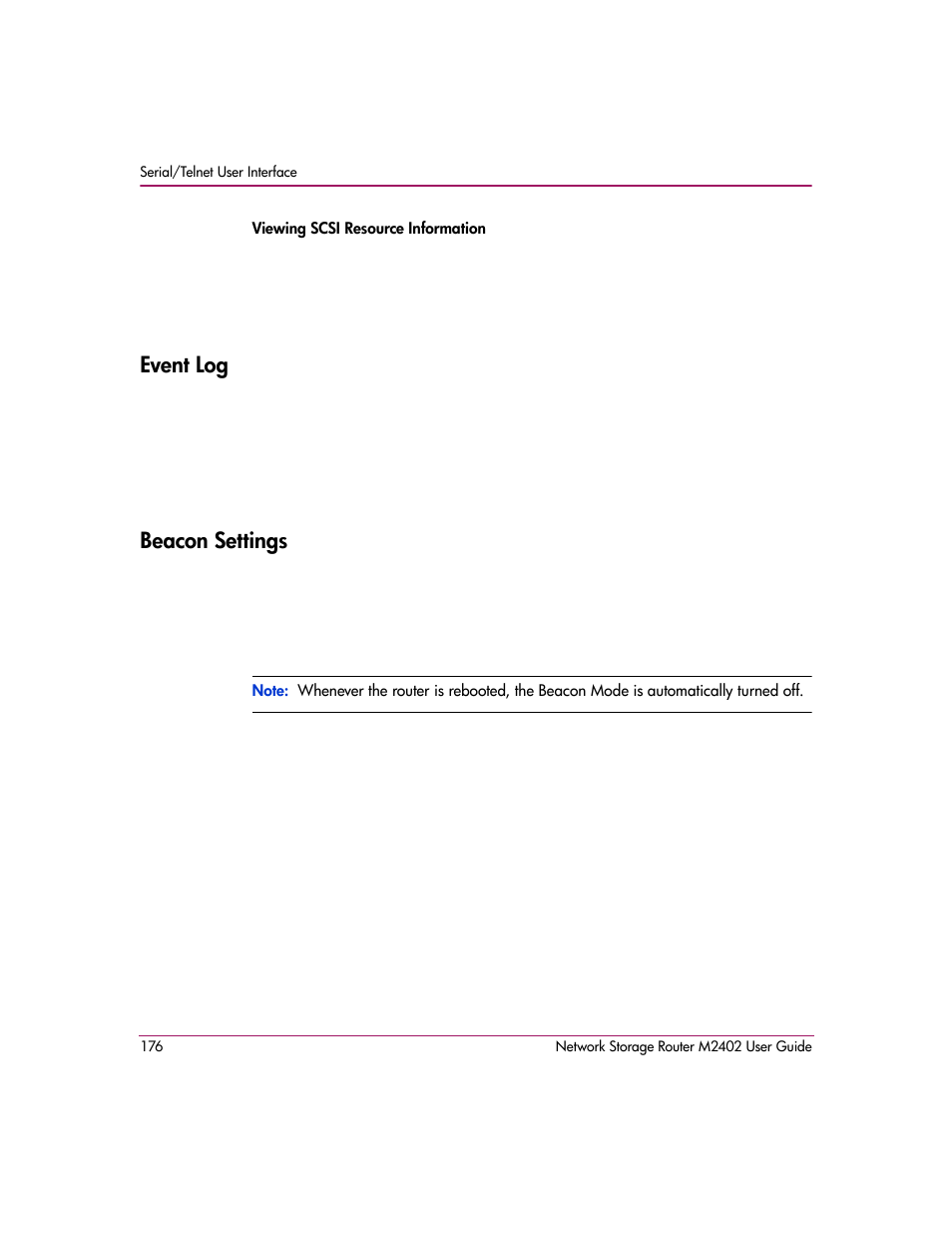 Event log, Beacon settings, Event log beacon settings | HP Network Storage Router m2402 User Manual | Page 170 / 244