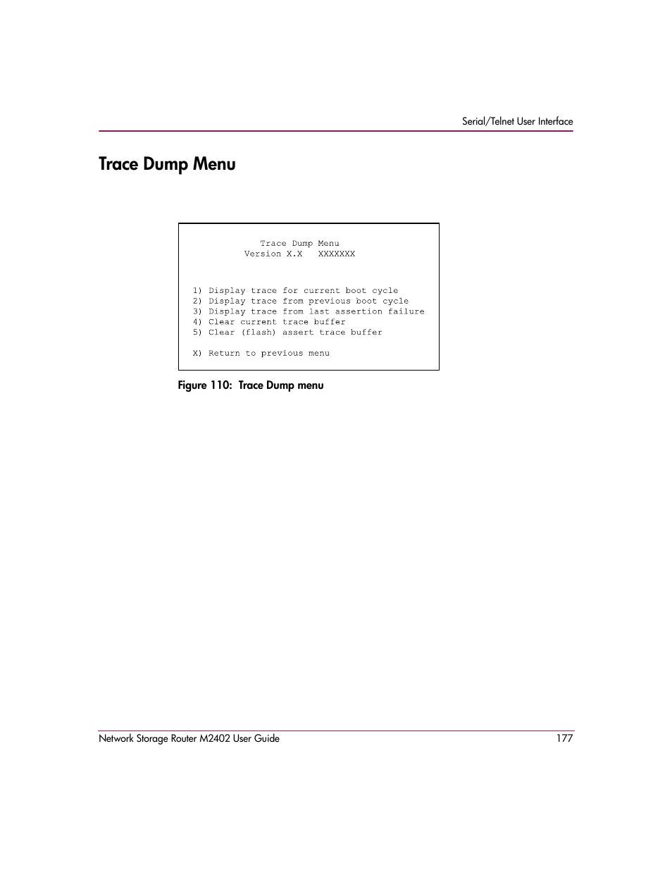 Trace dump menu, Figure 110: trace dump menu | HP Network Storage Router m2402 User Manual | Page 171 / 244