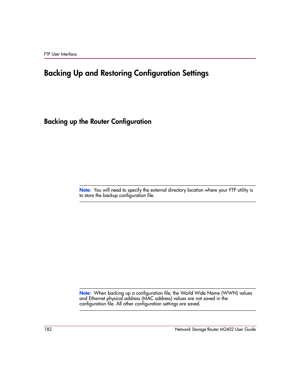 Backing up and restoring configuration settings, Backing up the router configuration | HP Network Storage Router m2402 User Manual | Page 176 / 244