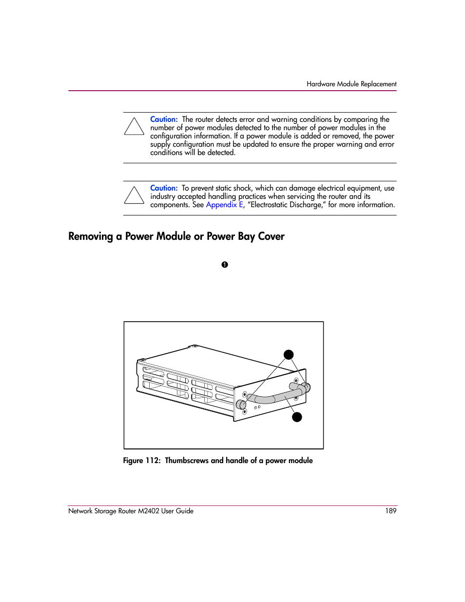 Removing a power module or power bay cover | HP Network Storage Router m2402 User Manual | Page 183 / 244