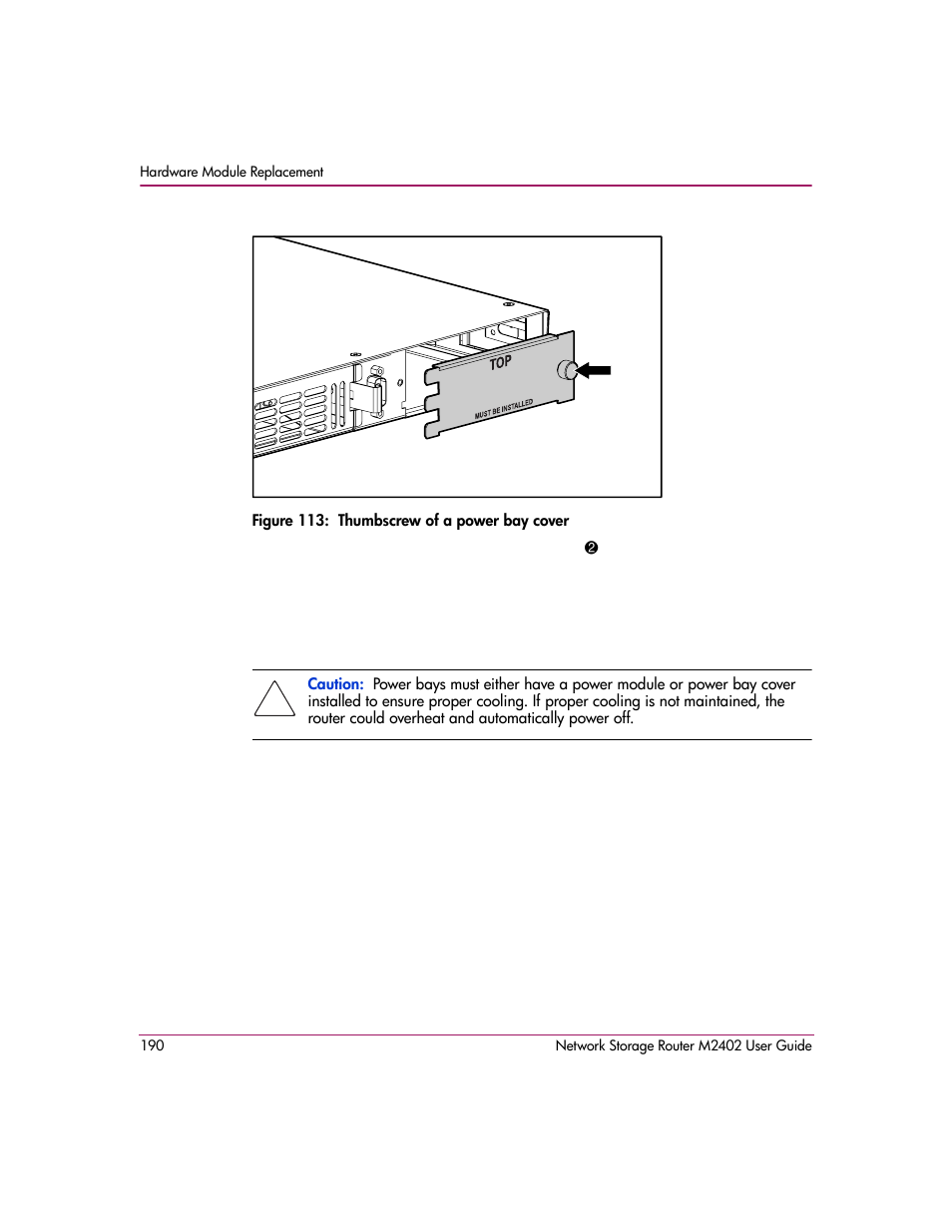 Figure 113: thumbscrew of a power bay cover, Figure 113 | HP Network Storage Router m2402 User Manual | Page 184 / 244