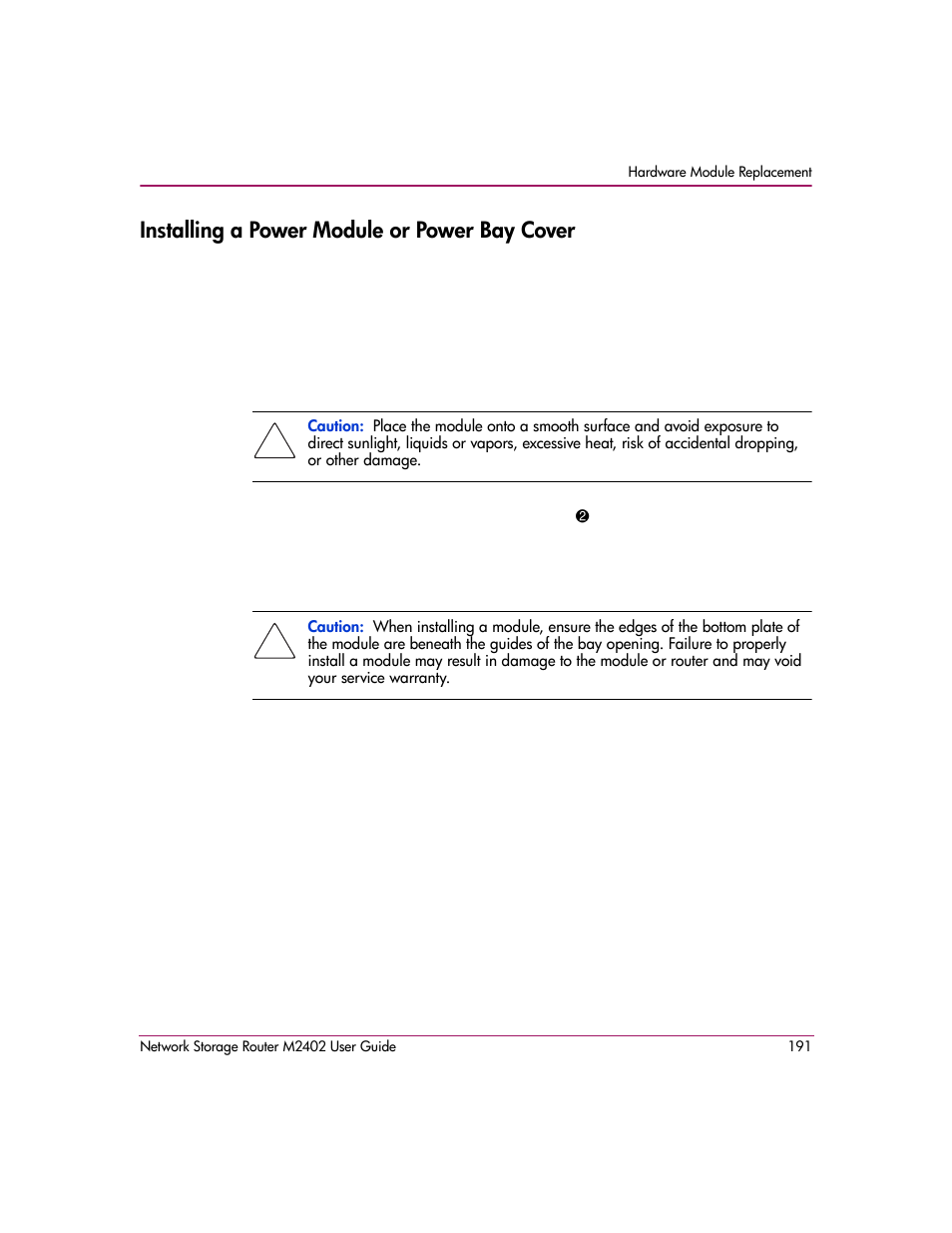 Installing a power module or power bay cover | HP Network Storage Router m2402 User Manual | Page 185 / 244