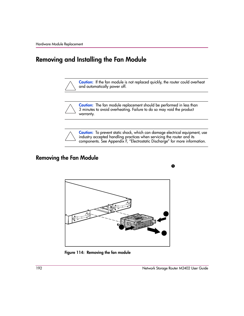 Removing and installing the fan module, Removing the fan module, Figure 114: removing the fan module | HP Network Storage Router m2402 User Manual | Page 186 / 244