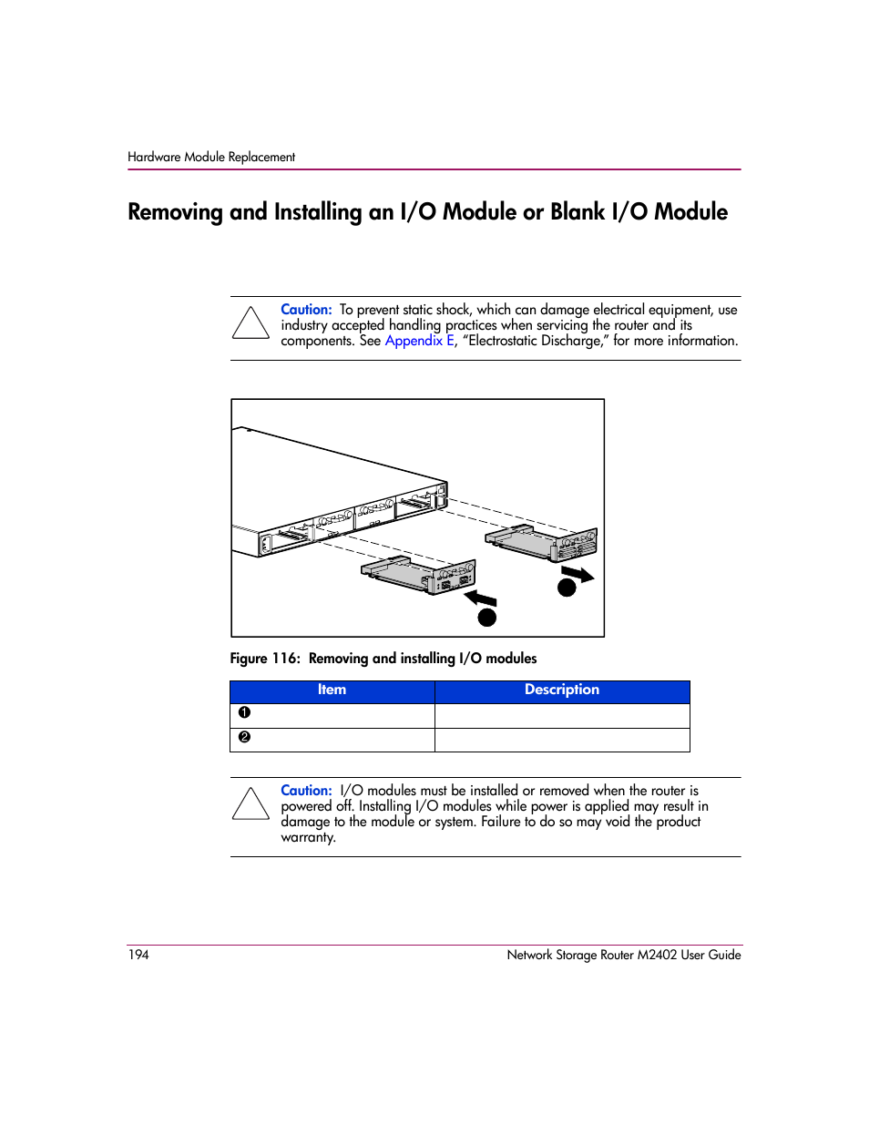 Figure 116: removing and installing i/o modules | HP Network Storage Router m2402 User Manual | Page 188 / 244