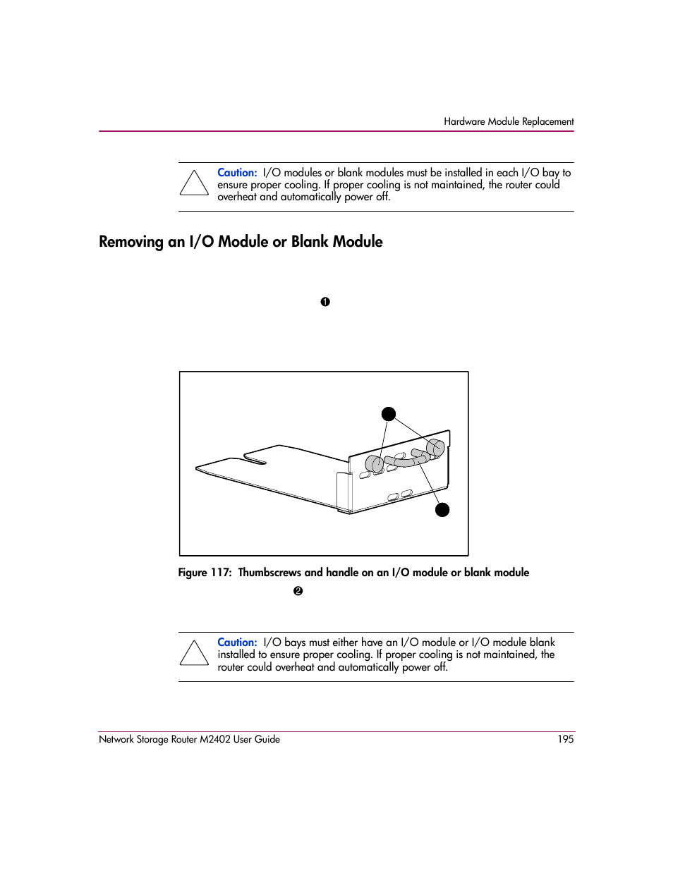 Removing an i/o module or blank module | HP Network Storage Router m2402 User Manual | Page 189 / 244