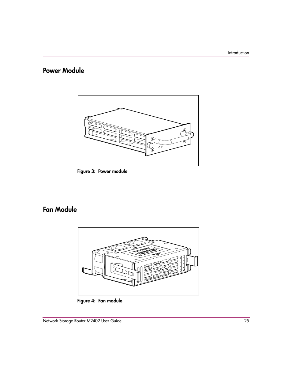 Power module, Figure 3: power module, Fan module | Figure 4: fan module, Power module fan module | HP Network Storage Router m2402 User Manual | Page 19 / 244