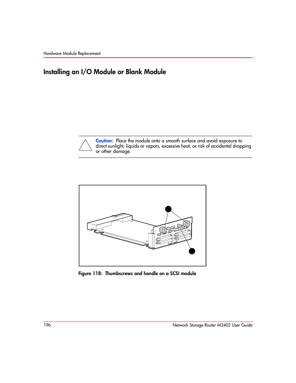 Installing an i/o module or blank module | HP Network Storage Router m2402 User Manual | Page 190 / 244