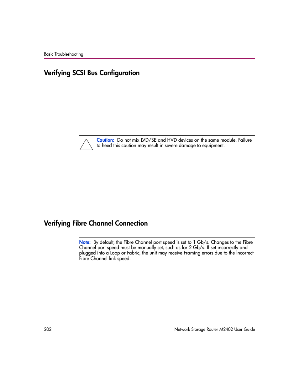 Verifying scsi bus configuration, Verifying fibre channel connection | HP Network Storage Router m2402 User Manual | Page 196 / 244