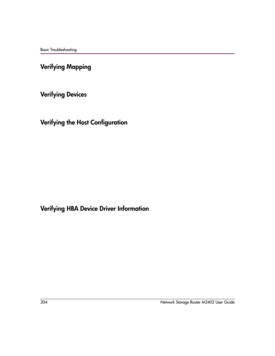 Verifying mapping, Verifying devices, Verifying the host configuration | Verifying hba device driver information | HP Network Storage Router m2402 User Manual | Page 198 / 244