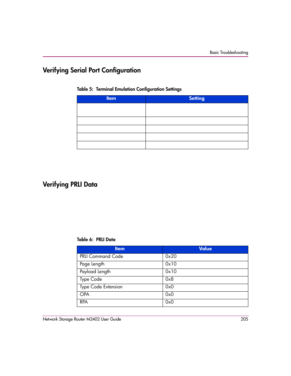 Verifying serial port configuration, Table 5: terminal emulation configuration settings, Verifying prli data | Table 6: prli data | HP Network Storage Router m2402 User Manual | Page 199 / 244