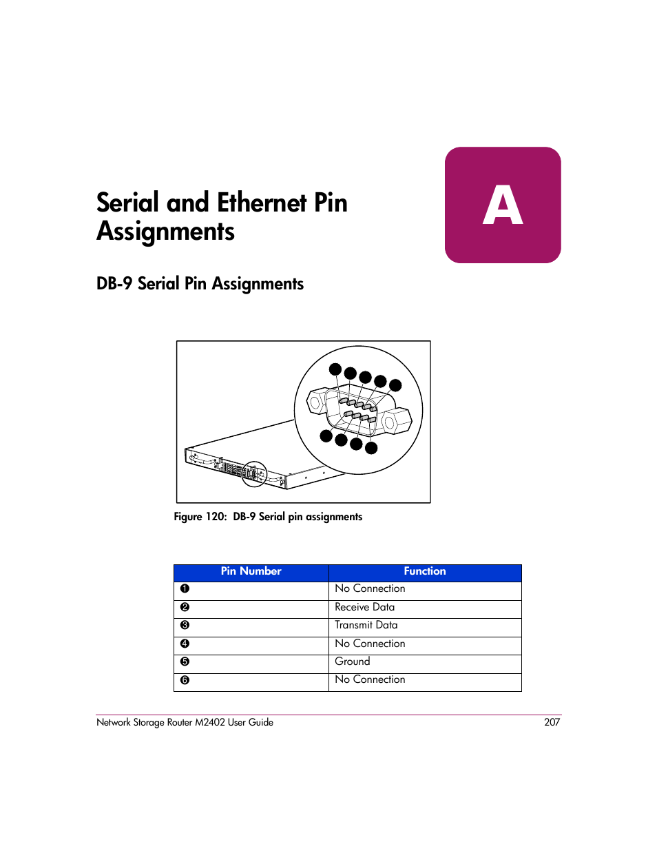 Serial and ethernet pin assignments, Db-9 serial pin assignments, Figure 120: db9 serial pin assignments | A serial and ethernet pin assignments | HP Network Storage Router m2402 User Manual | Page 201 / 244