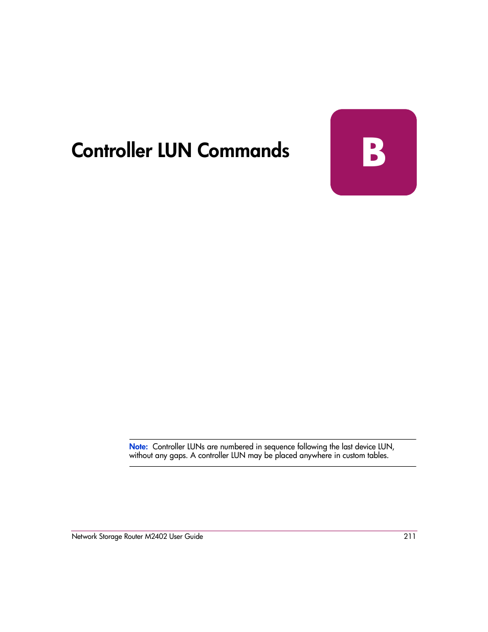 Controller lun commands, B controller lun commands, Appendix b | Controller lun, Commands | HP Network Storage Router m2402 User Manual | Page 205 / 244