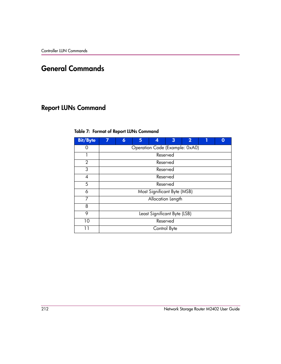 General commands, Report luns command, Table 7: format of report luns command | HP Network Storage Router m2402 User Manual | Page 206 / 244